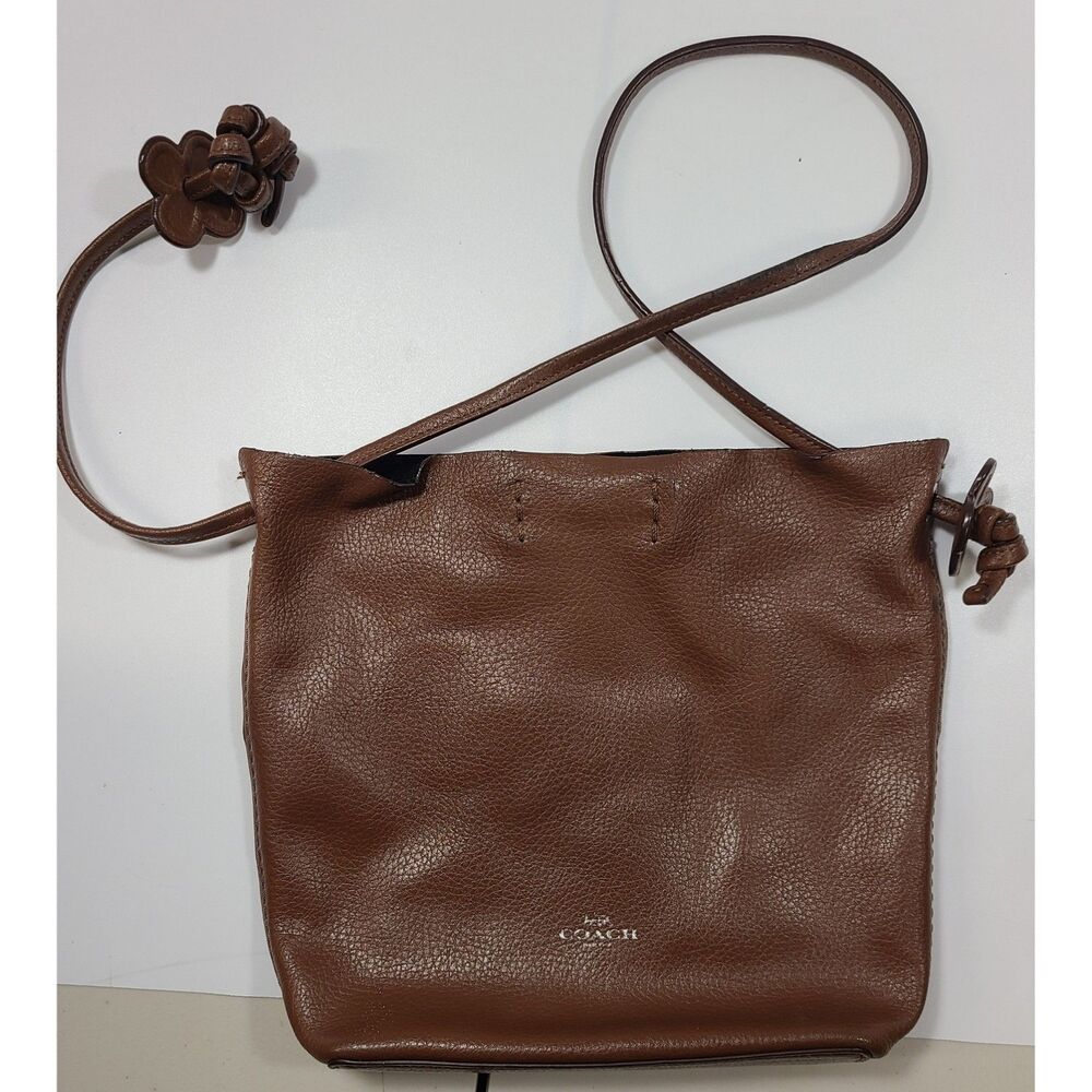 Coach Brown Pebbled Leather Flower Crossbody Bag Mini Tote Handbag
